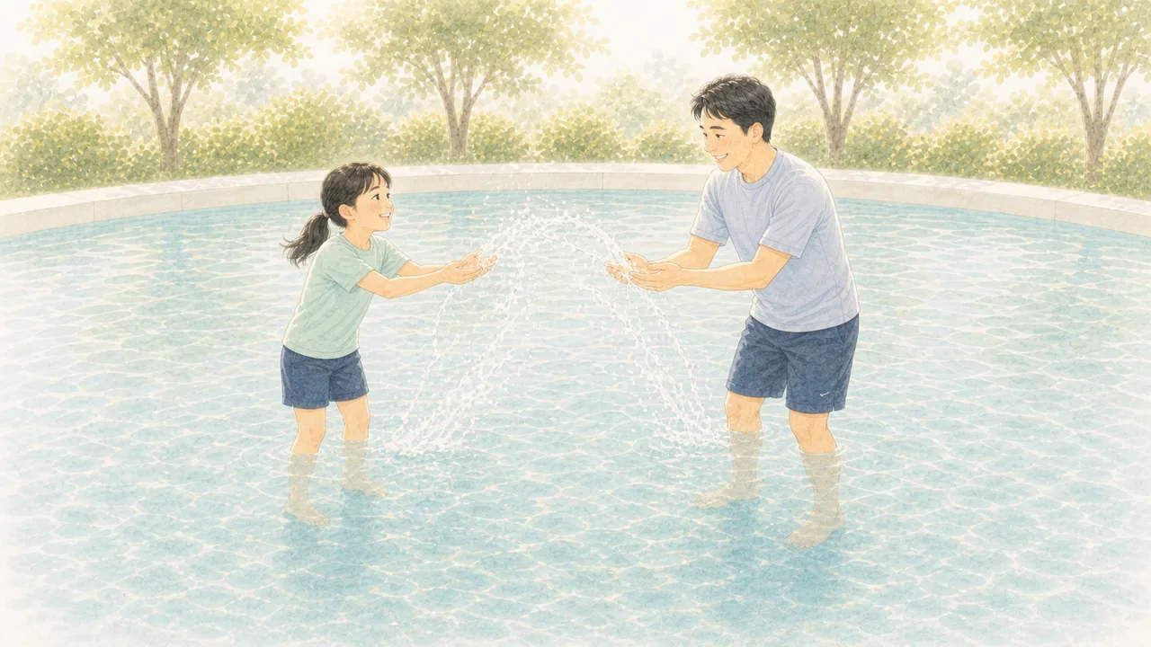 浅いプールで、親子が水をかけあって笑っている様子(イラスト)