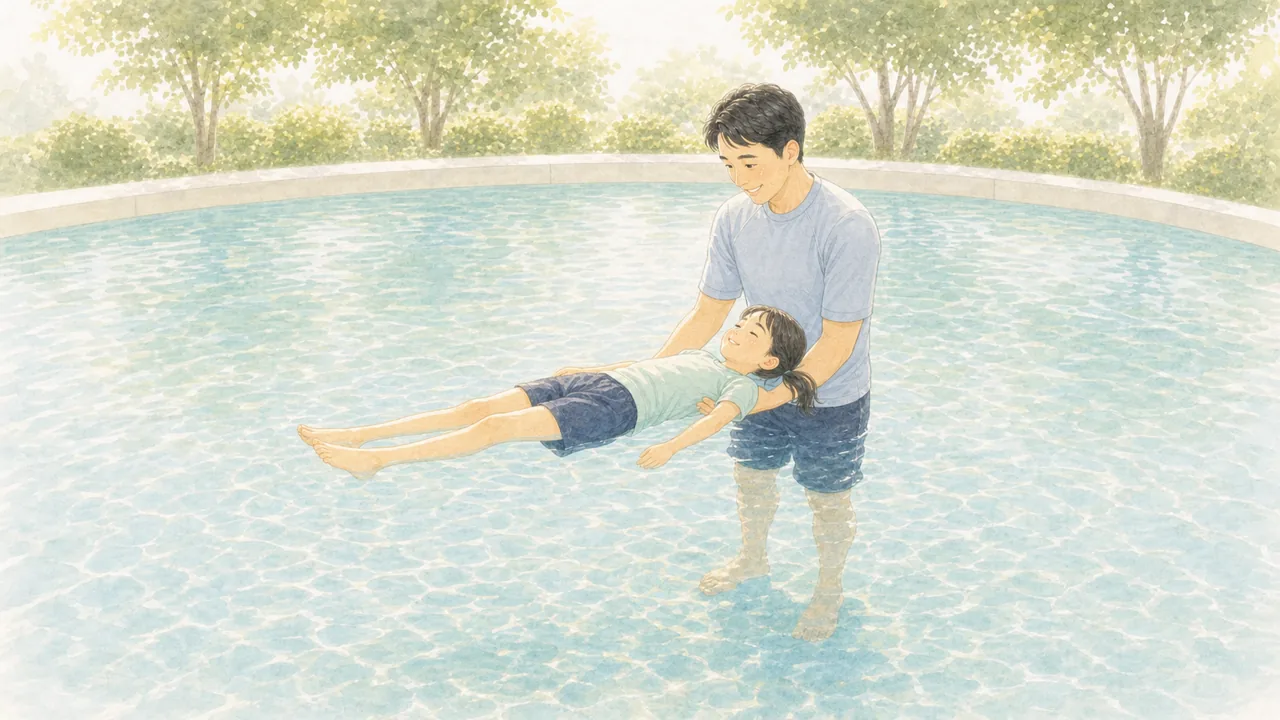 プールで親が両手で体を支え、子どもが体をまっすぐ伸ばして浮いている様子(イラスト)