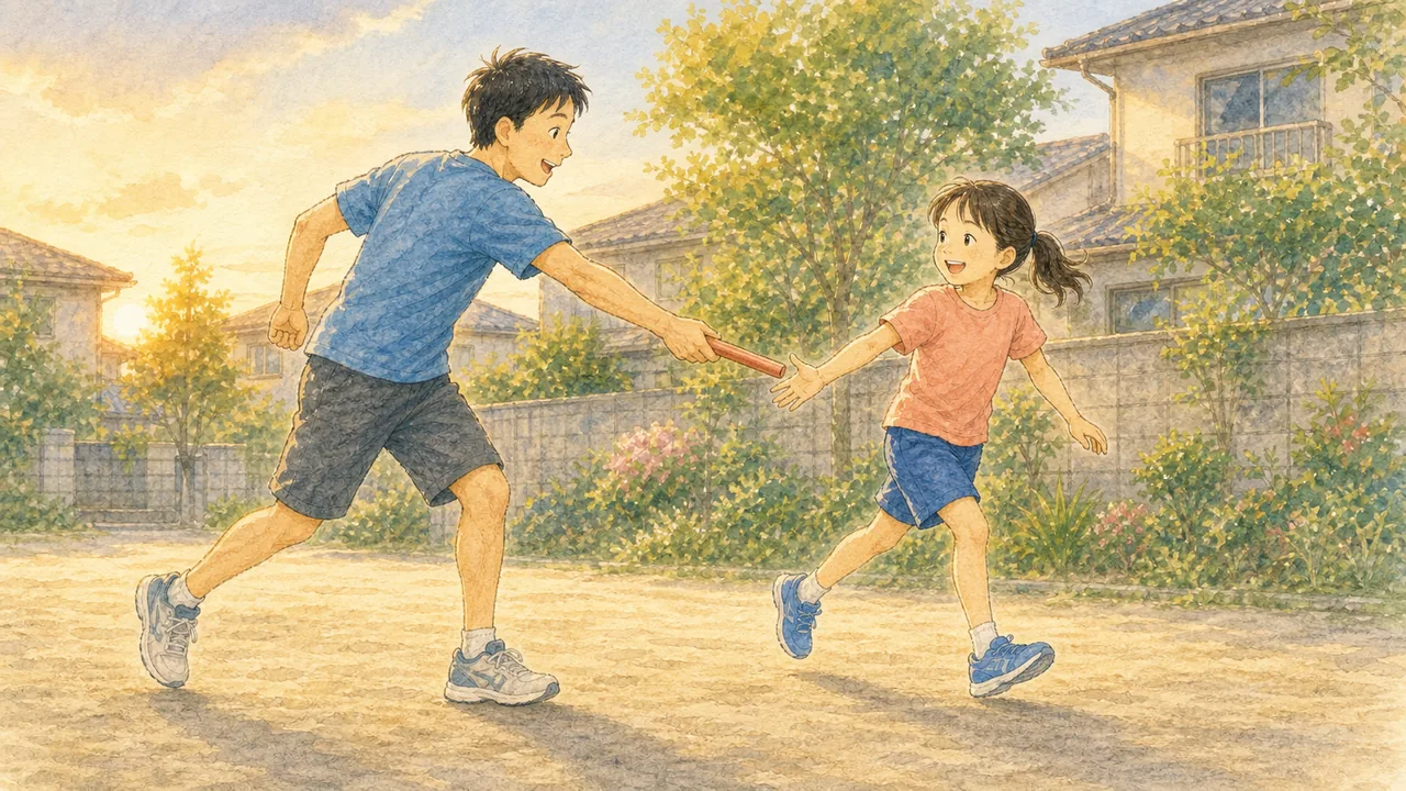 家の前の空き地で、バトンの受け渡しを練習する女の子と父親（イラスト）
