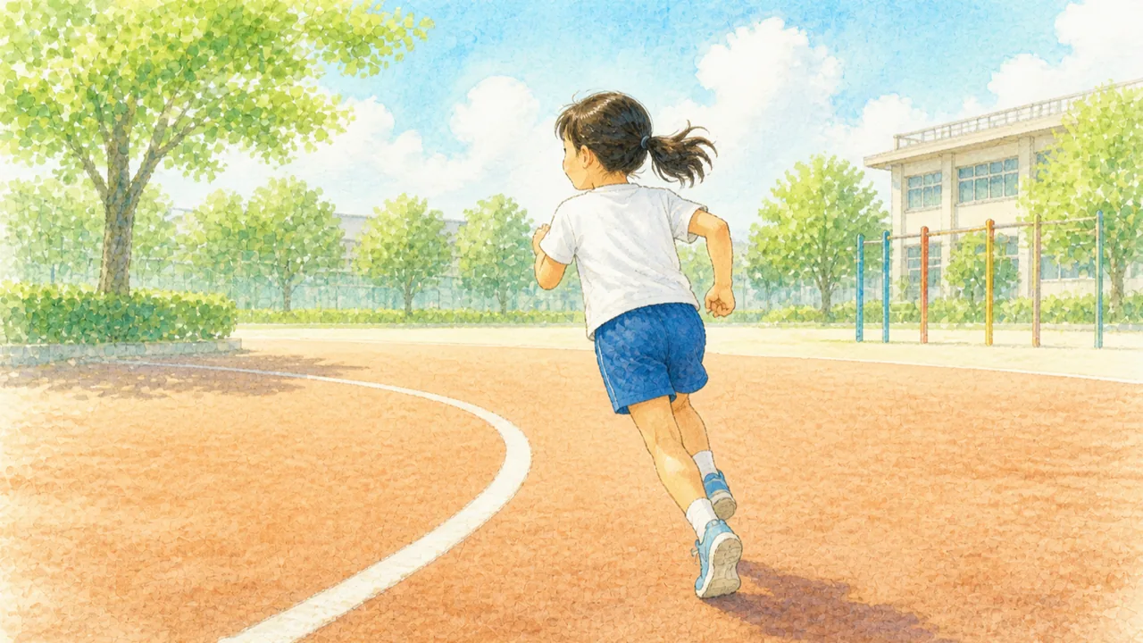 トラックのカーブを、足から頭まで一直線のまま体ごとわずかに内側へ傾けて走る女の子を、真後ろから見た様子（イラスト）