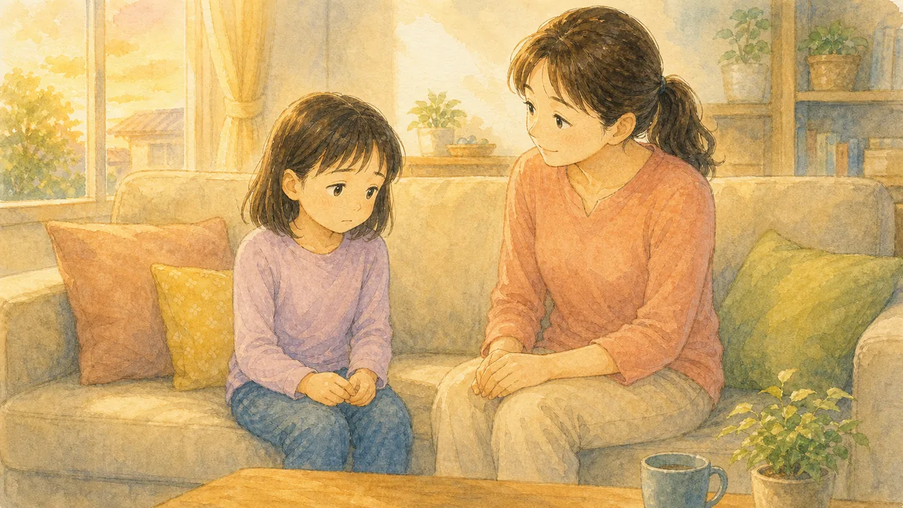 夕方のリビングで、元気をなくしてソファに座る女の子の話を静かに聞いている母親（イラスト）