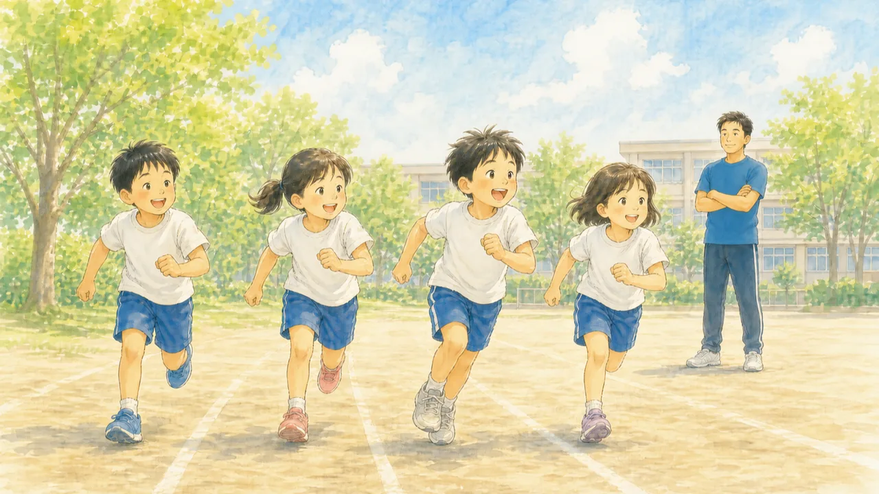 校庭で横一列に走る子どもたちと、少し離れて様子を見ている体操服姿の先生（イラスト）