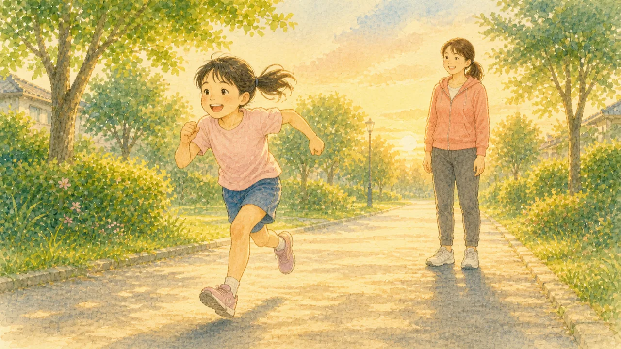 夕方の公園の直線の通路を、短い距離だけ全力で走る女の子と、少し離れて見ている母親（イラスト）