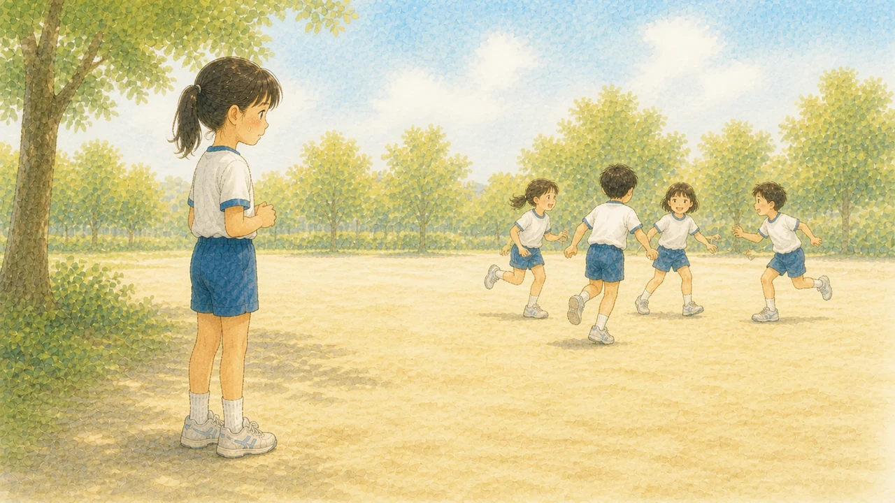 公園の遊び場のそばまで近づいて、みんなが何をして遊んでいるのかをじっと眺めている小学生の女の子の様子(イラスト)