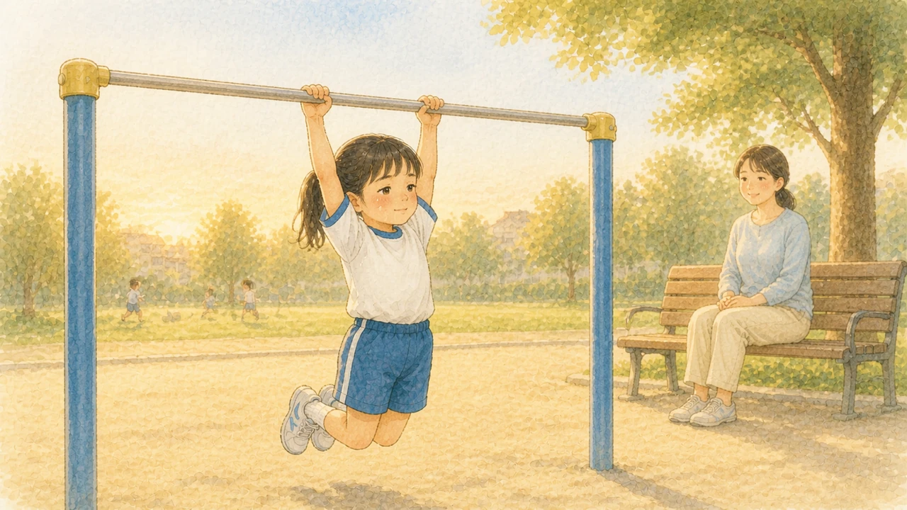 公園の鉄棒に一人でぶら下がって、おだやかな表情で過ごしている小学生の女の子の様子(イラスト)