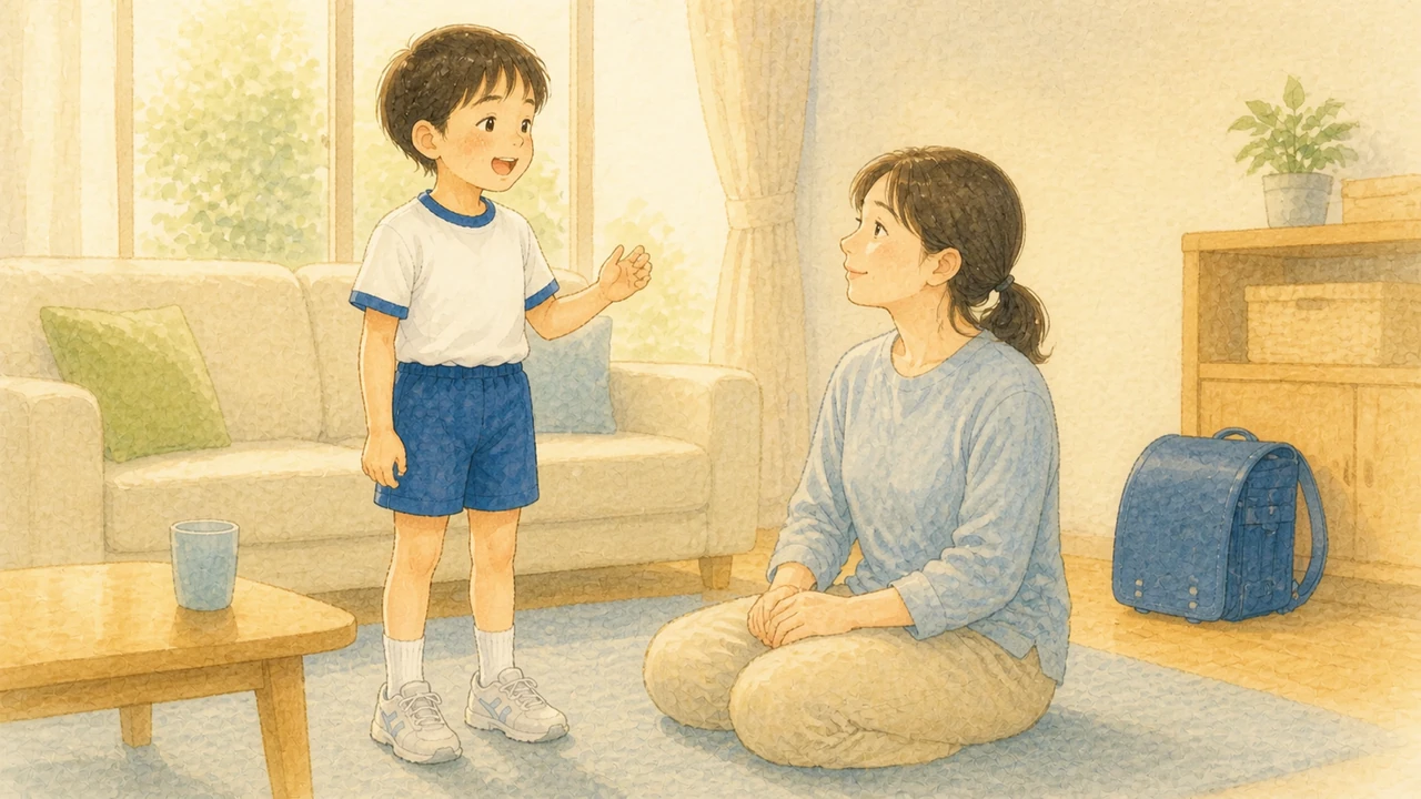 家のリビングで、小学生の男の子が母親に向かって「なにしてるの?」と声に出して練習している様子(イラスト)