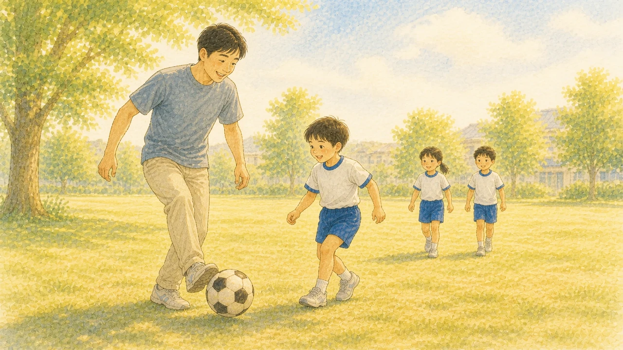 公園で父親が先にボールを蹴りはじめ、それを見た子どもたちが自然に近づいてくる様子(イラスト)
