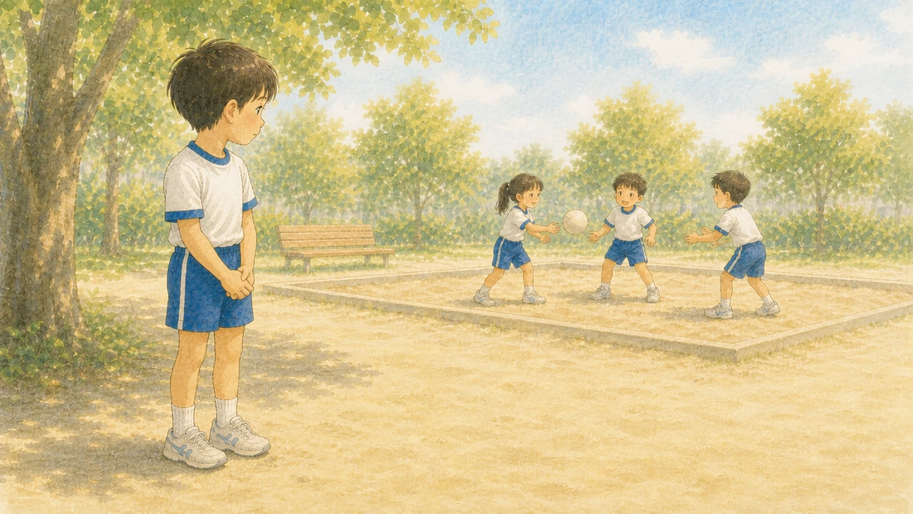 公園の砂場のそばで、少し離れた場所から遊んでいる子どもたちのほうを見て立ち止まっている小学生の男の子の様子(イラスト)