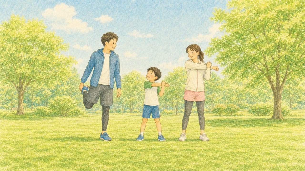 心・技・体の3つがそろって走る力になることを表す親子のイメージ(イラスト)
