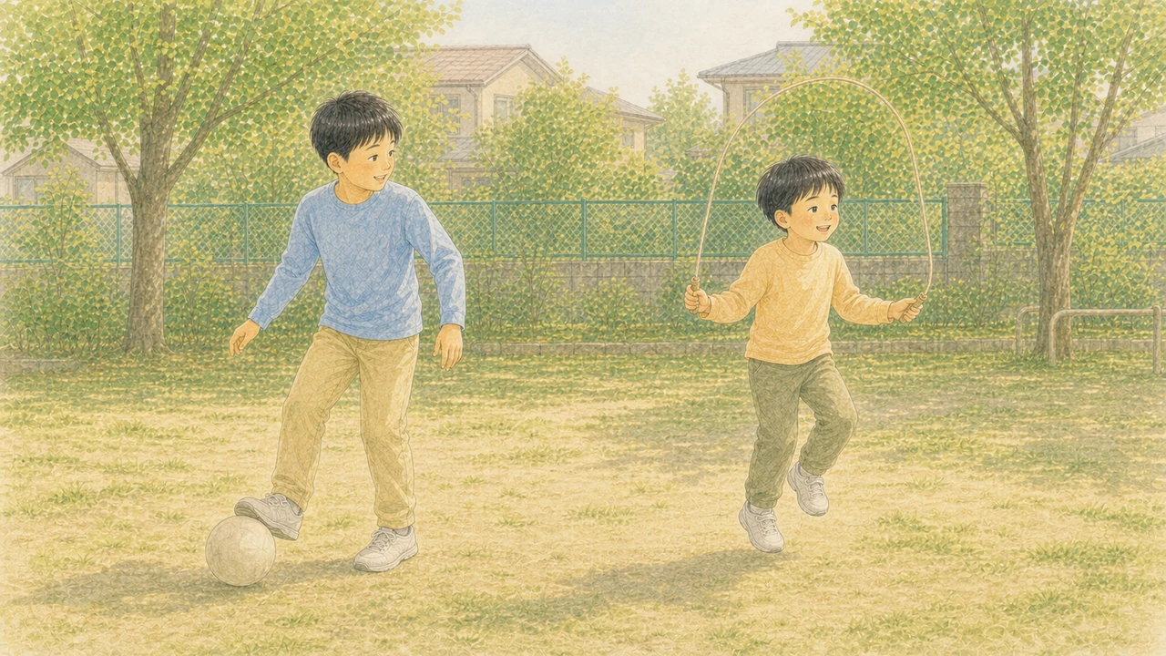 体つきも興味も違う二人のきょうだいが、それぞれ別の遊びを楽しんでいる様子(イラスト)