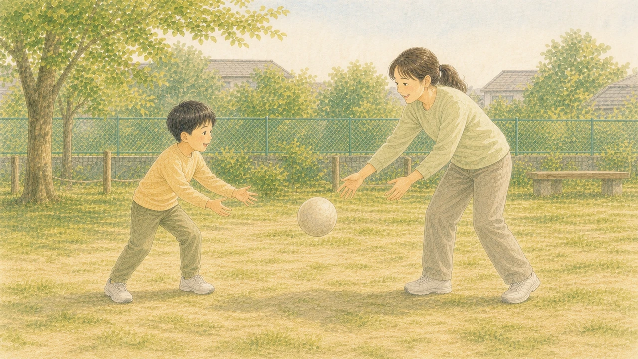 保護者が一人の子とだけ向き合い、公園で一緒に体を動かして遊ぶ様子(イラスト)