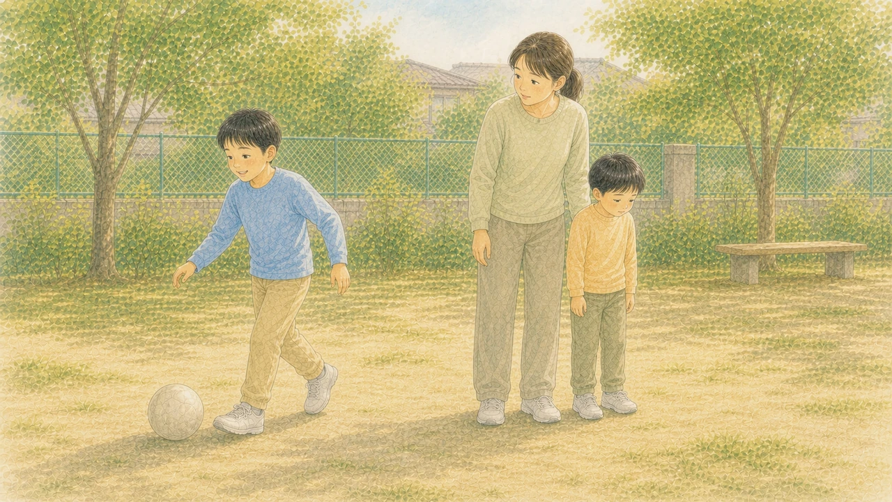 きょうだいを見比べる保護者と、となりでしょんぼりする下の子の様子(イラスト)