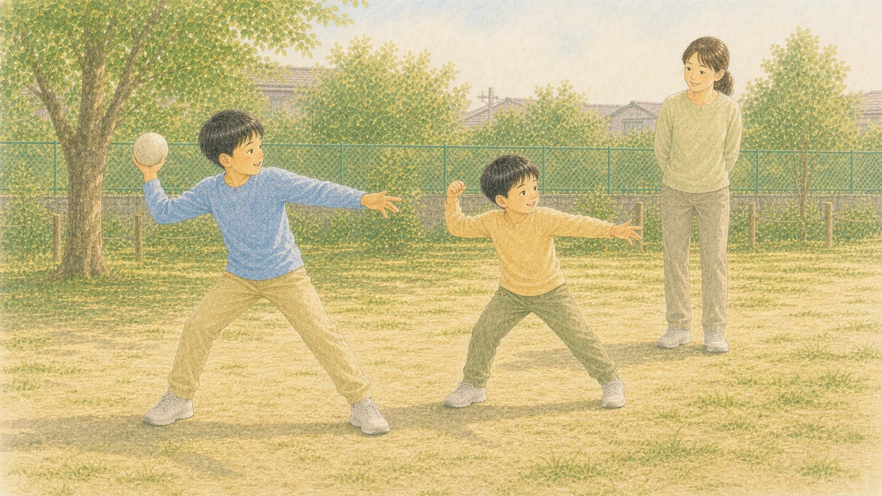 上のきょうだいが下の子に動きのコツを教え、保護者がそばで見守る様子(イラスト)