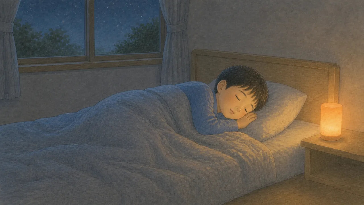 夜の子ども部屋で、小学生の男の子が枕元の小さな明かりのそばで安らかに眠っている様子(イラスト)