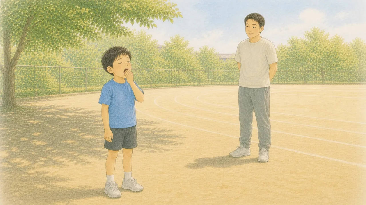練習中のグラウンドで、眠そうにあくびをする男の子と、それに気づいて静かに見守るコーチの様子(イラスト)