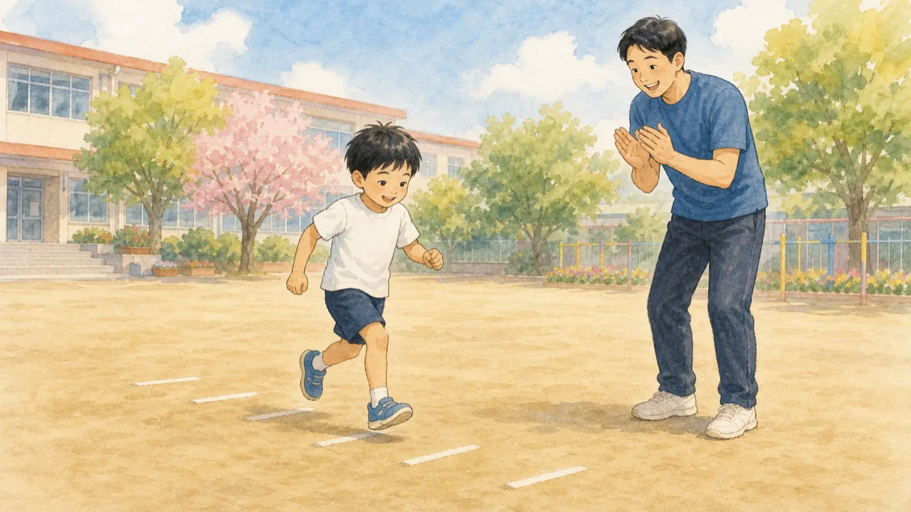 校庭の地面に引いた線をリズムよく踏んで進む子と、手拍子で合図するコーチの様子(イラスト)