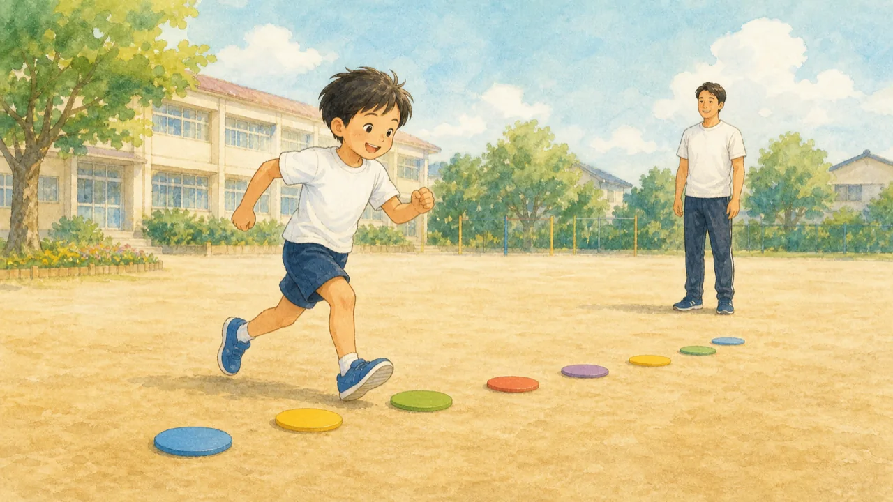 グラウンドに並べた目印のあいだを走り抜ける子と、離れて見守るコーチの様子(イラスト)