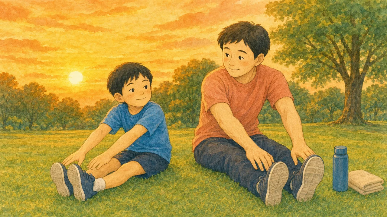 練習のあと、芝生に座ってゆっくり脚を伸ばす子と保護者の様子（イラスト）