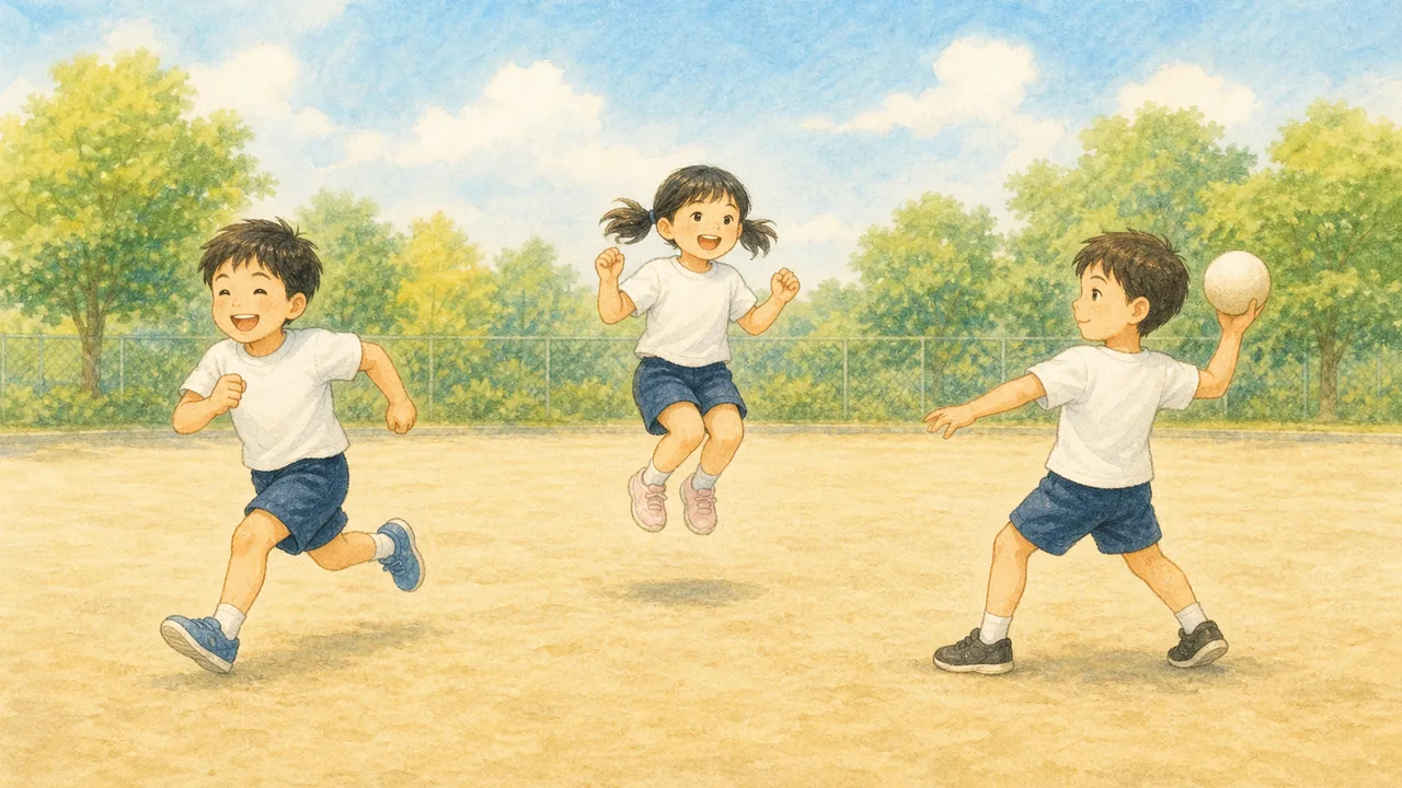 校庭で走る子・跳ぶ子・ボールを投げる子がそれぞれ体を動かす様子（イラスト）