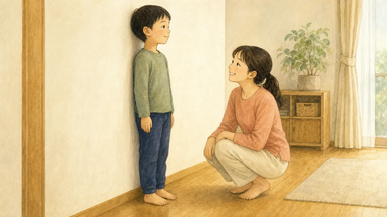 家の壁に背中をつけてまっすぐ立ち、姿勢を確かめる子と横で見守る保護者の様子（イラスト）