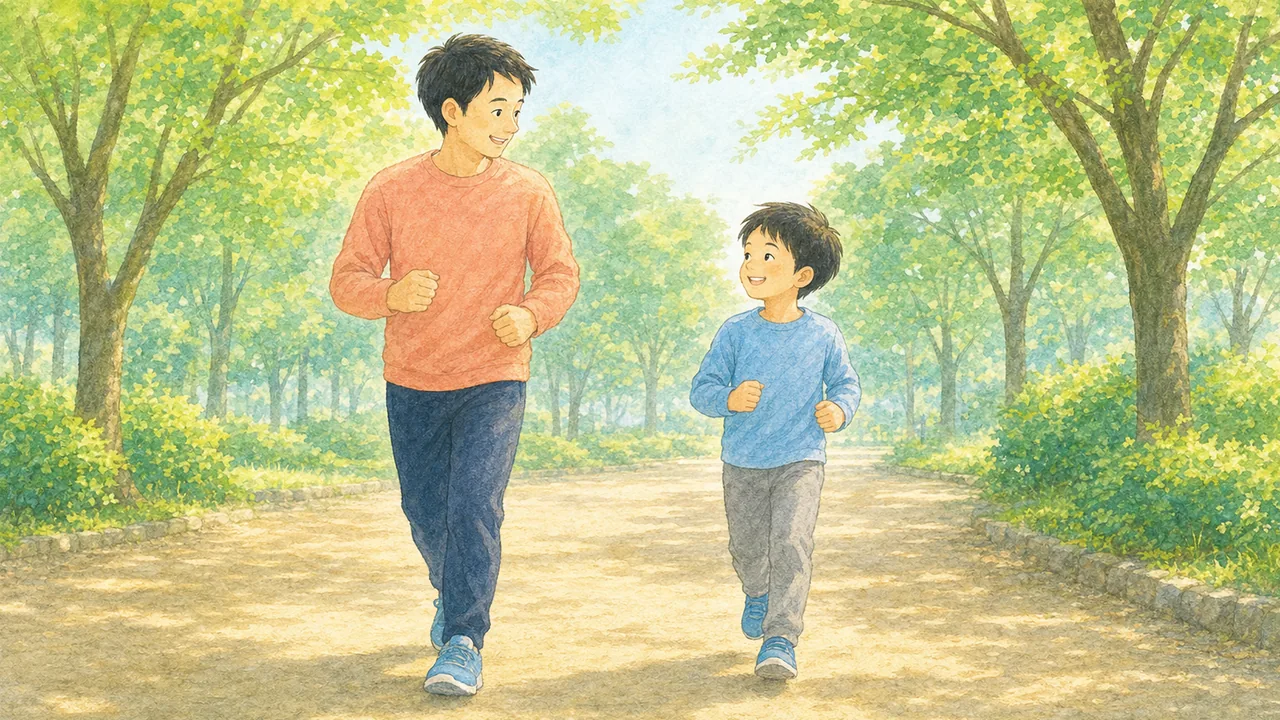 公園で親子が軽いジョギングをして体を温めている様子（イラスト）