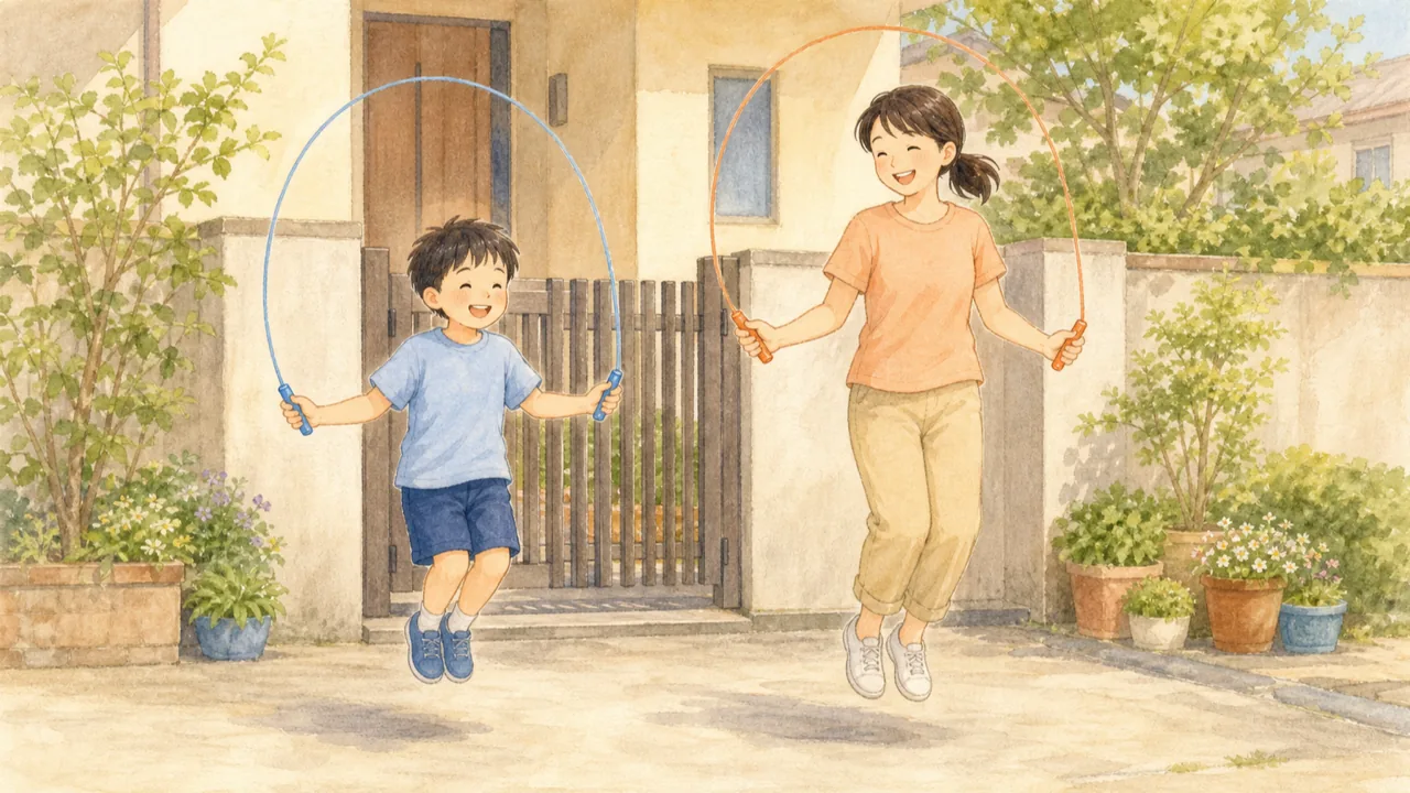 家の玄関先で親子が一緒に縄跳びを跳んでいる様子(イラスト)