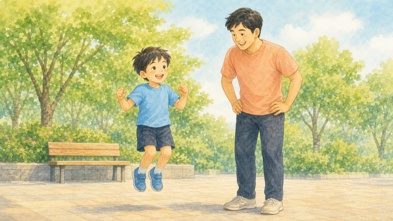 公園で子どもが両足で軽く跳び、保護者がそばで見守る様子(イラスト)