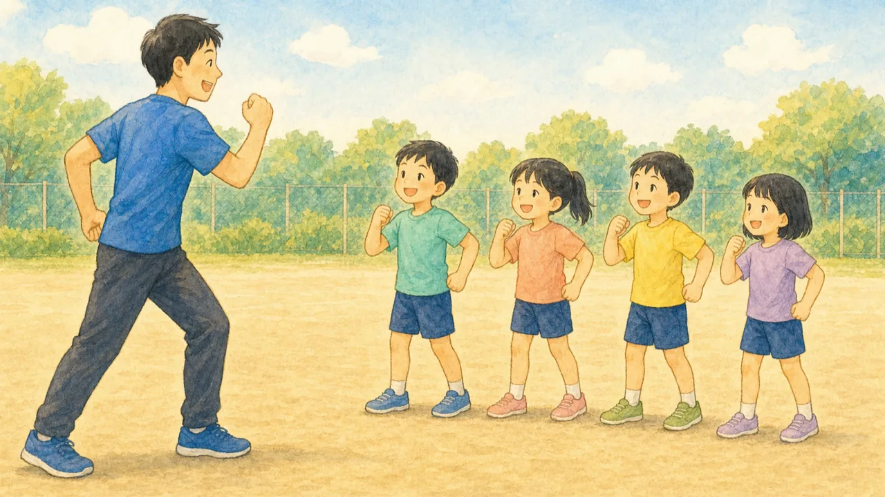 グラウンドでコーチが体を動かして見せ、子どもたちが真似をしている様子（イラスト）
