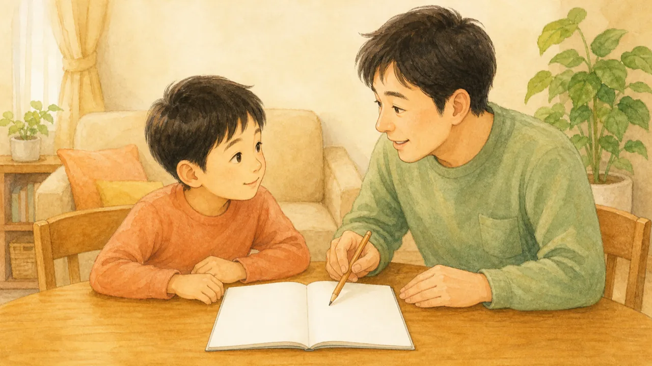 リビングの机で親子が向かい合い、練習の予定を相談している様子（イラスト）