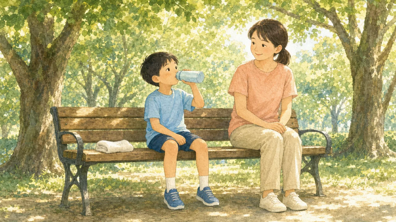 練習のあとベンチで水筒を飲んでひと休みする子と、となりに座る保護者の様子（イラスト）