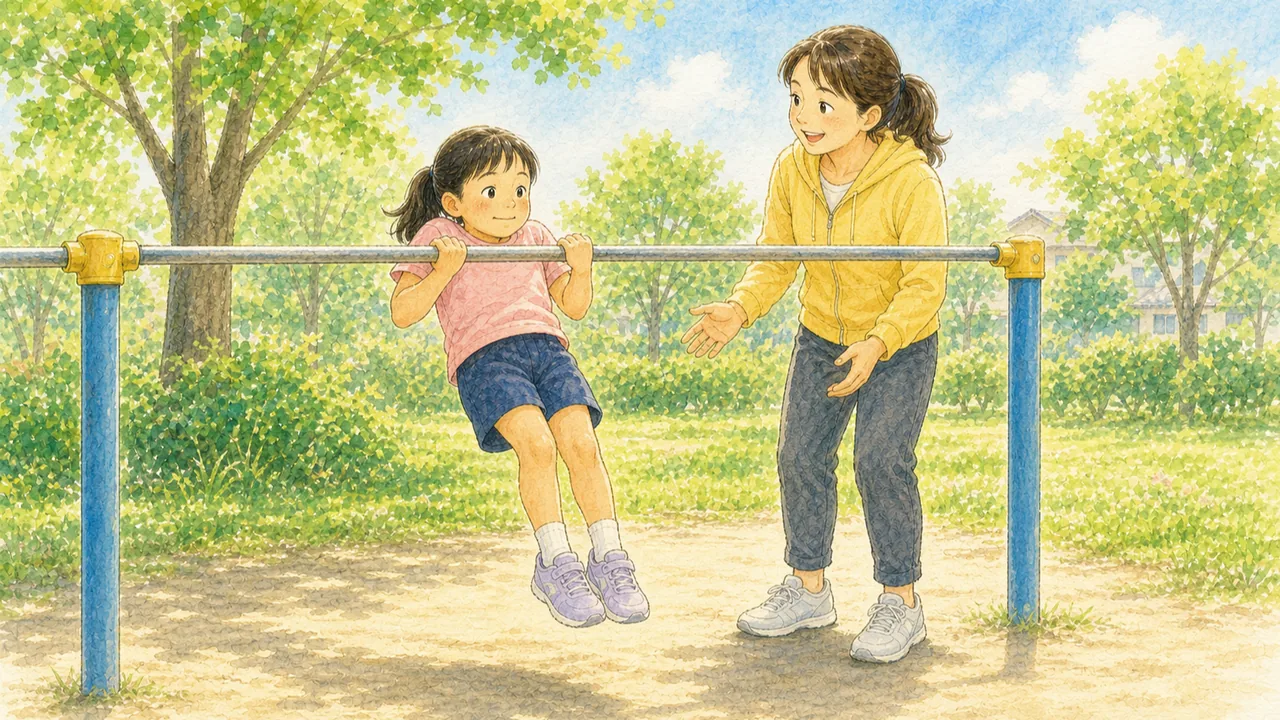 低い鉄棒につかまり、ひじを曲げて体を鉄棒に引き寄せている女の子と、見守る母親(イラスト)