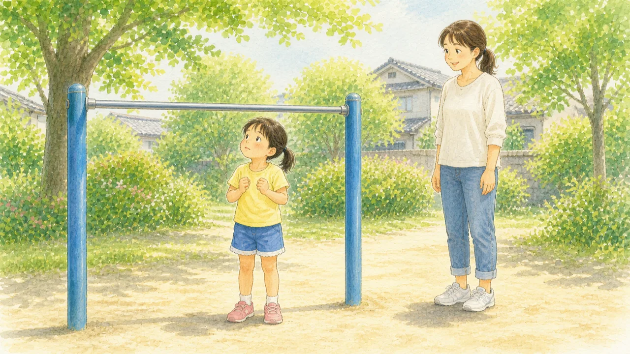 公園の鉄棒の前で立ち止まり、不安そうに鉄棒を見上げている女の子と、少し離れて待つ母親(イラスト)