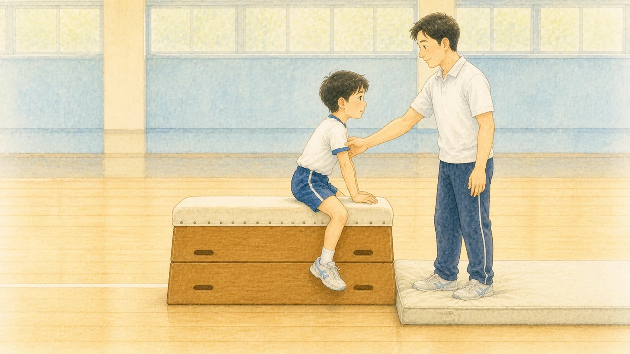 低い段の跳び箱に腰かけた小学生の男の子と、着地マット側の横に立って二の腕を支えている大人の様子(イラスト)