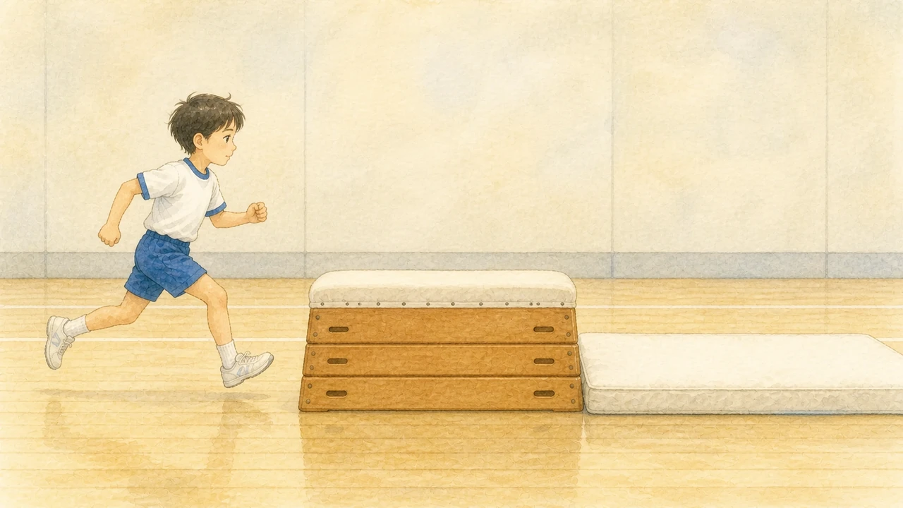 体育館で、跳び箱に向かって止まらずに助走してくる小学生の男の子の様子(イラスト)