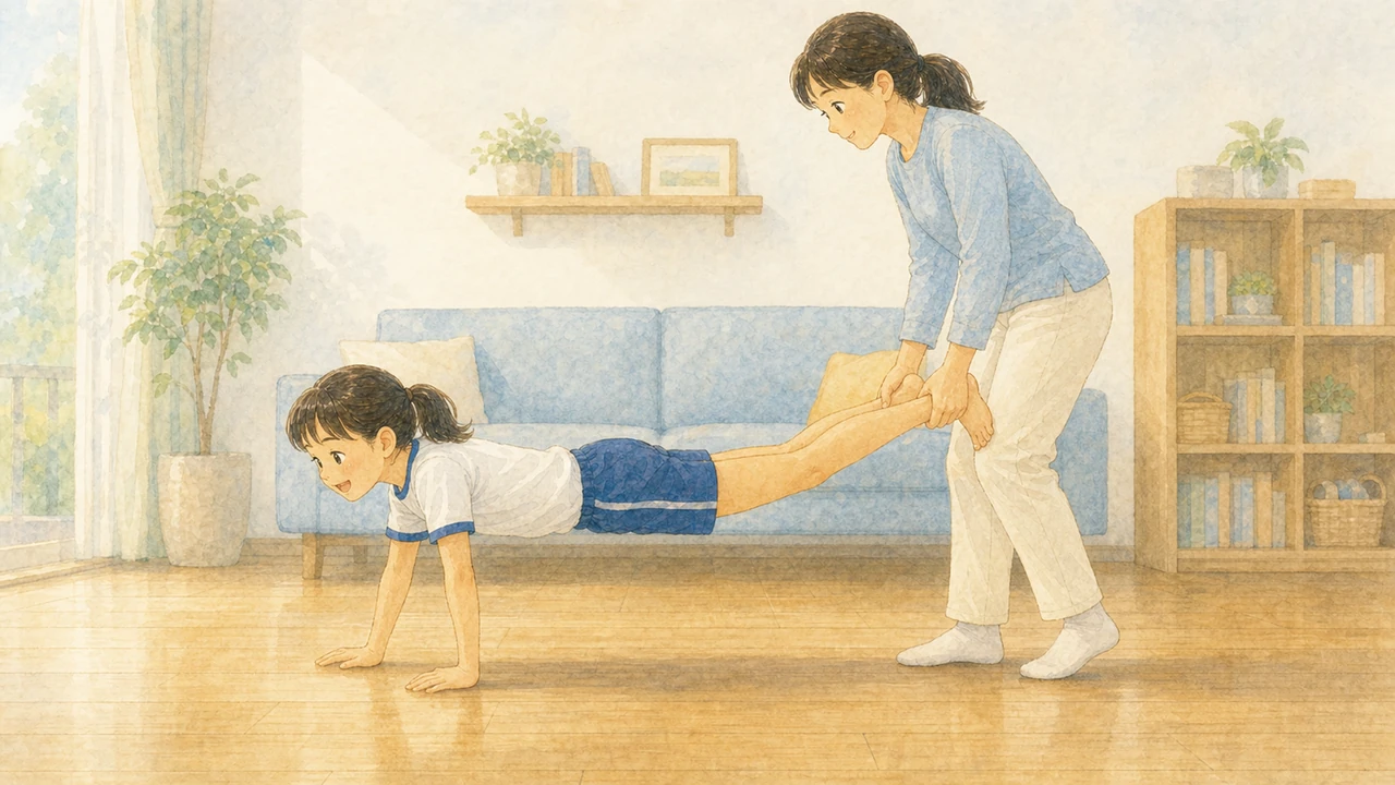 家のリビングで、お母さんが足首を持ち、女の子が両手で床を歩く「手押し車」をしている様子(イラスト)