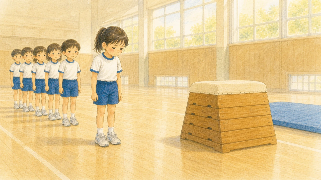 体育館で跳び箱の手前に立ち止まって、不安そうな顔をしている小学生の女の子の様子(イラスト)