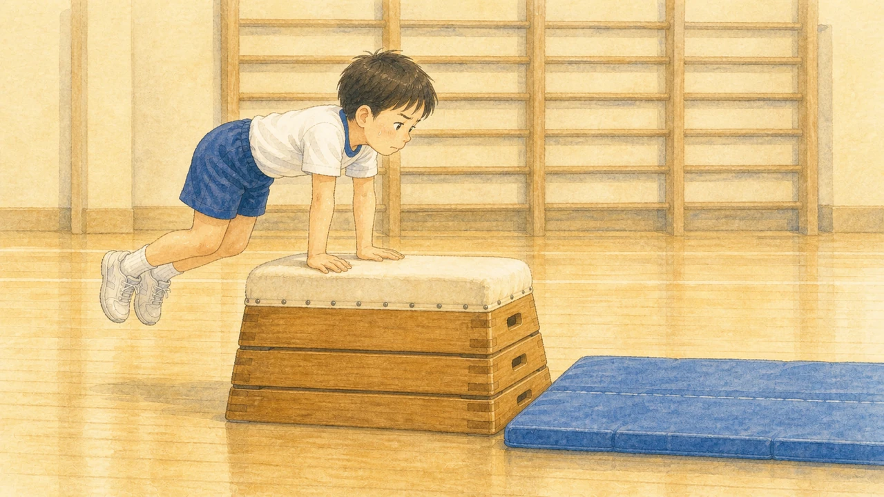 跳び箱の手前のほうに手をついて、おしりが後ろに残ったまま止まってしまっている小学生の男の子の様子(イラスト)
