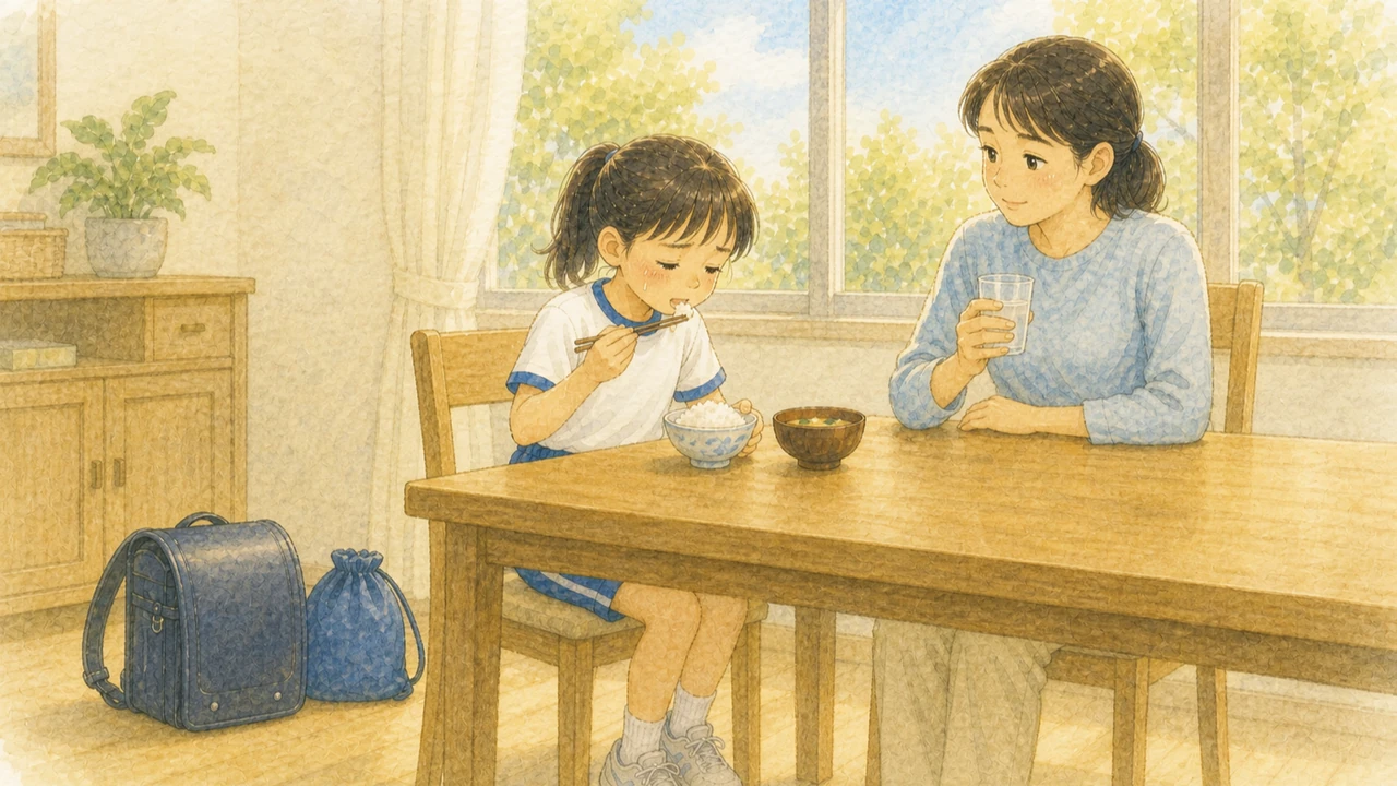 朝の食卓で、朝食を食べる小学生の様子を母親がさりげなく見ている様子(イラスト)