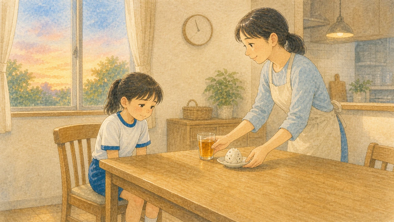 帰宅直後の台所で、母親が差し出した麦茶とおにぎりを、体操服のままの小学生が受け取っている様子(イラスト)