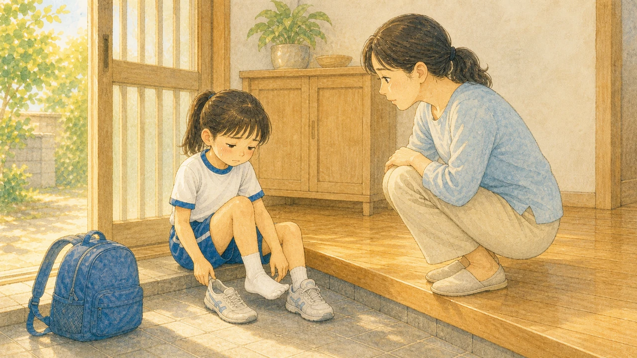 夕方の玄関で、ランドセルを下ろしたまま座り込んだ小学生に、母親がしゃがんで顔をのぞき込んでいる様子(イラスト)