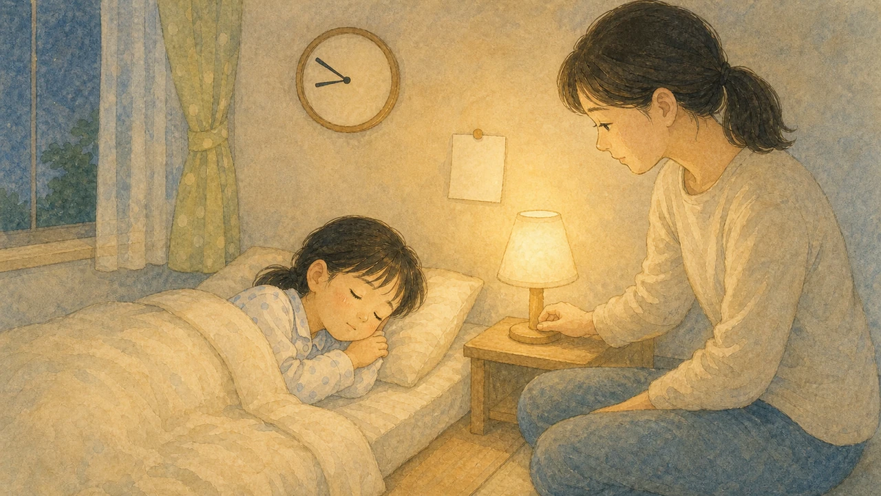 夜の子ども部屋で、布団に入った小学生の枕元で母親が明かりを落とそうとしている様子(イラスト)