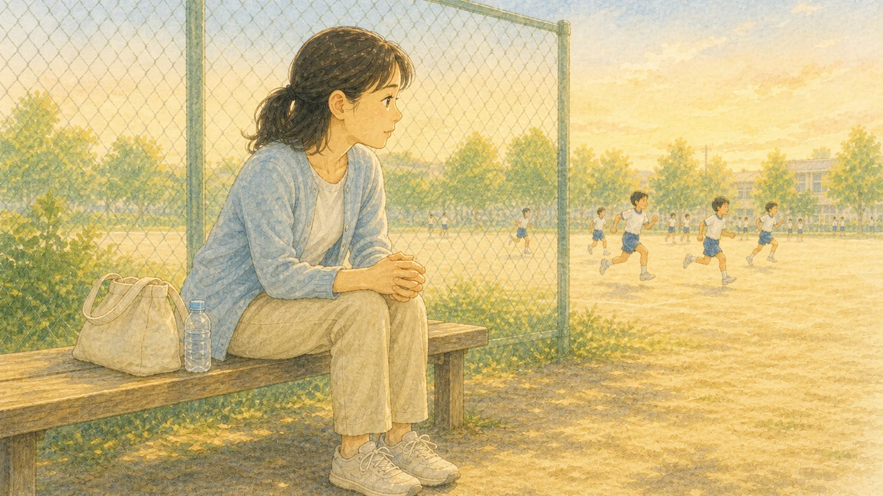 グラウンドわきのベンチに座り、練習中の子どもをじっと目で追いながら肩に力が入っている母親の様子(イラスト)