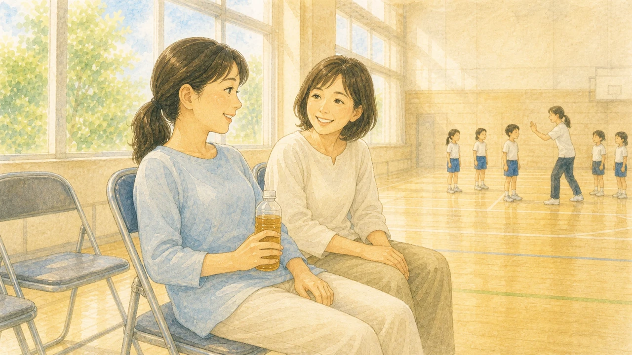 練習を見守る保護者席で、母親が肩の力を抜いて飲みものを片手にほかの保護者と話している様子(イラスト)