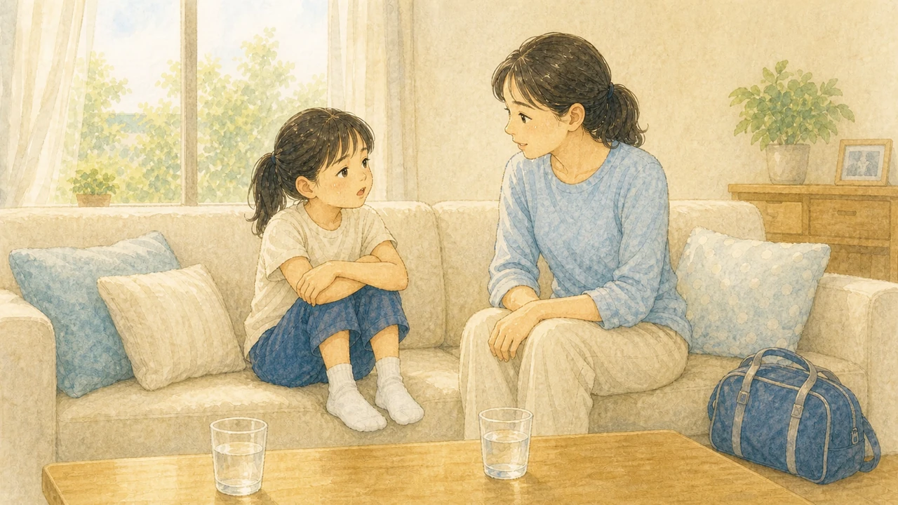 休みの日の朝、リビングのソファで母親と小学生の子どもが並んで座り、ゆっくり話している様子(イラスト)