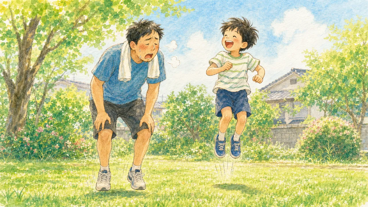 親子が並んでその場でジャンプしていて、親のほうが息を切らしている様子(イラスト)