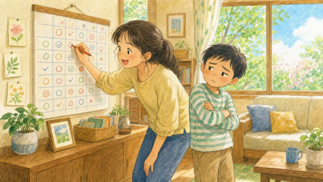 親子がカレンダーの前で、毎日の練習予定を書き込もうとしている様子(イラスト)