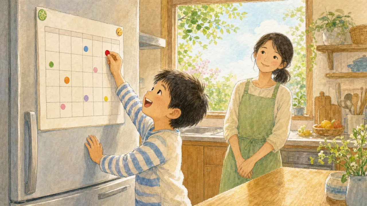 カレンダーに丸をつけて、子どもが嬉しそうにしている様子(イラスト)