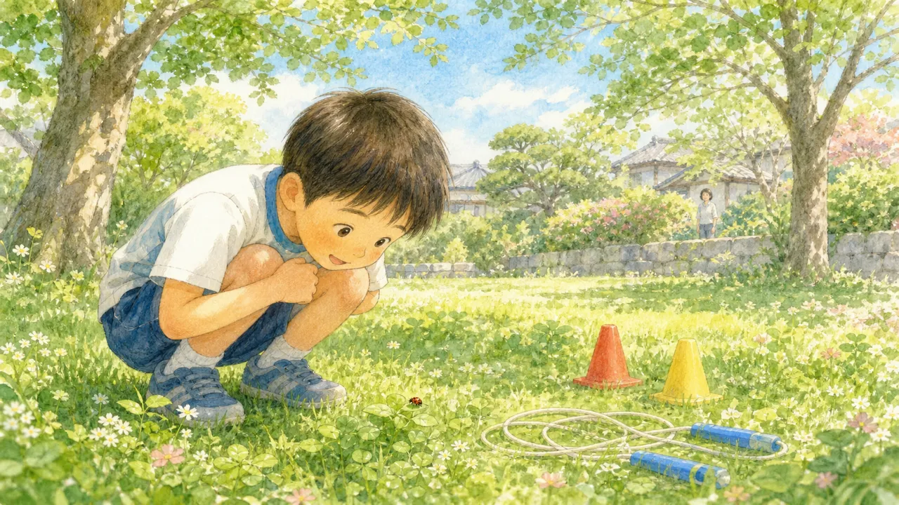 子どもが庭で虫を見つけて夢中になっていて、練習道具がそばに置かれたままの様子(イラスト)