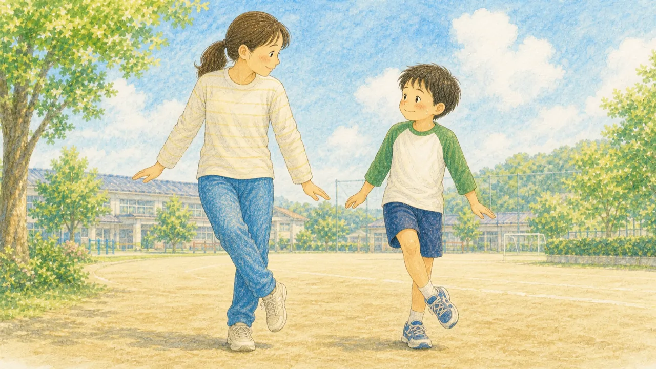 運動会当日の晴れた朝、親子が並んで軽くジャンプして準備運動をしている様子(イラスト)