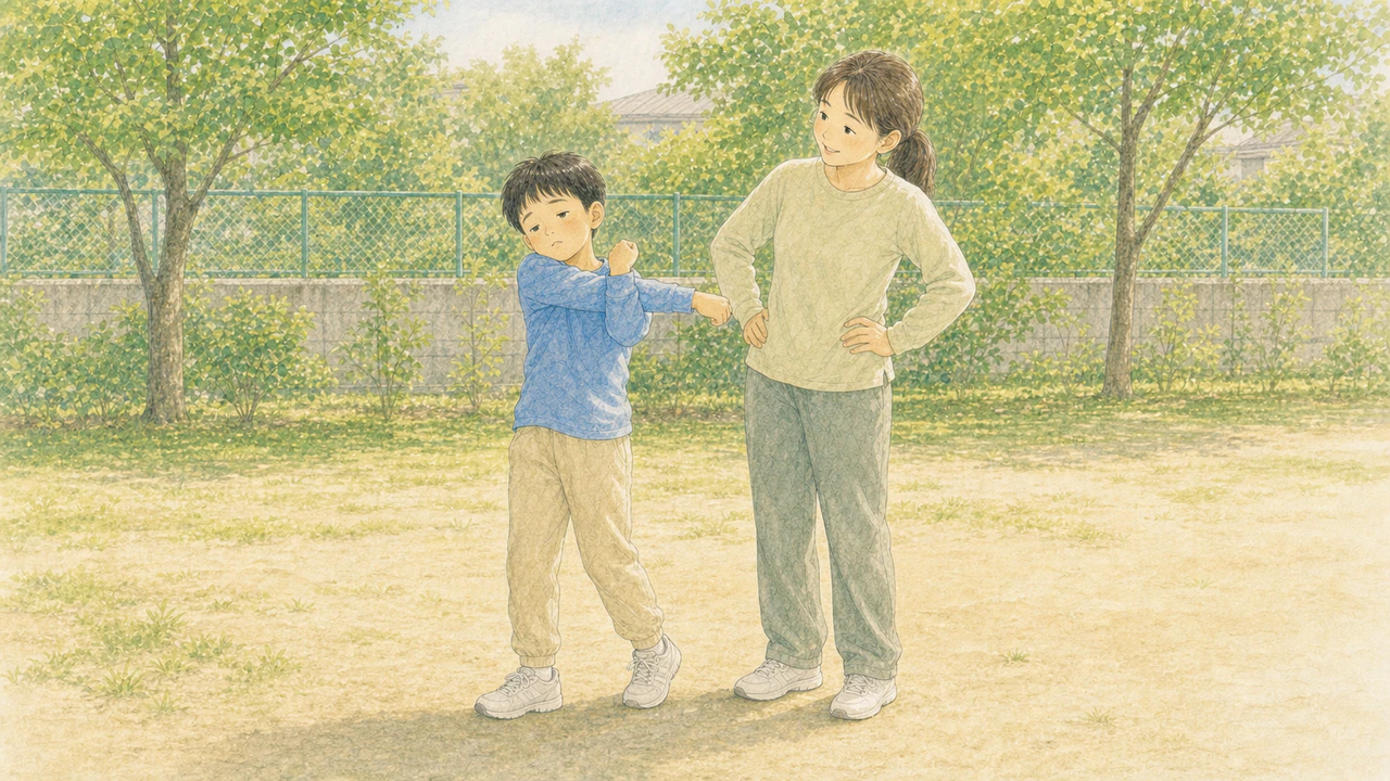 準備運動を面倒くさそうにダラダラやる子どもと、となりで見ている保護者の様子(イラスト)